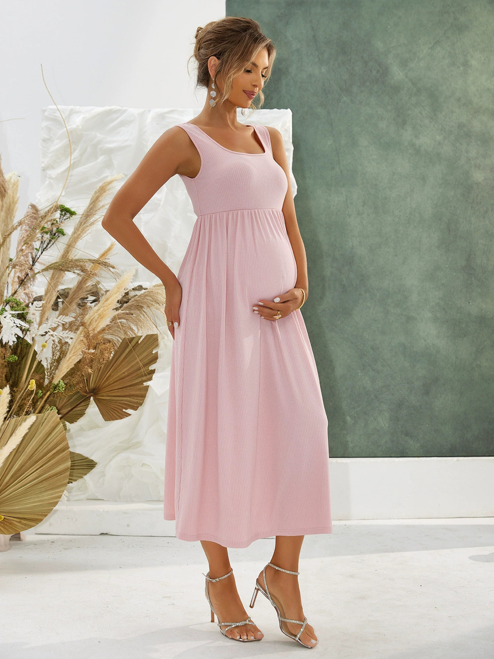 ZARA Elegant Summer Sleeveless Ribbed Knit Maternity Long Dress for Women